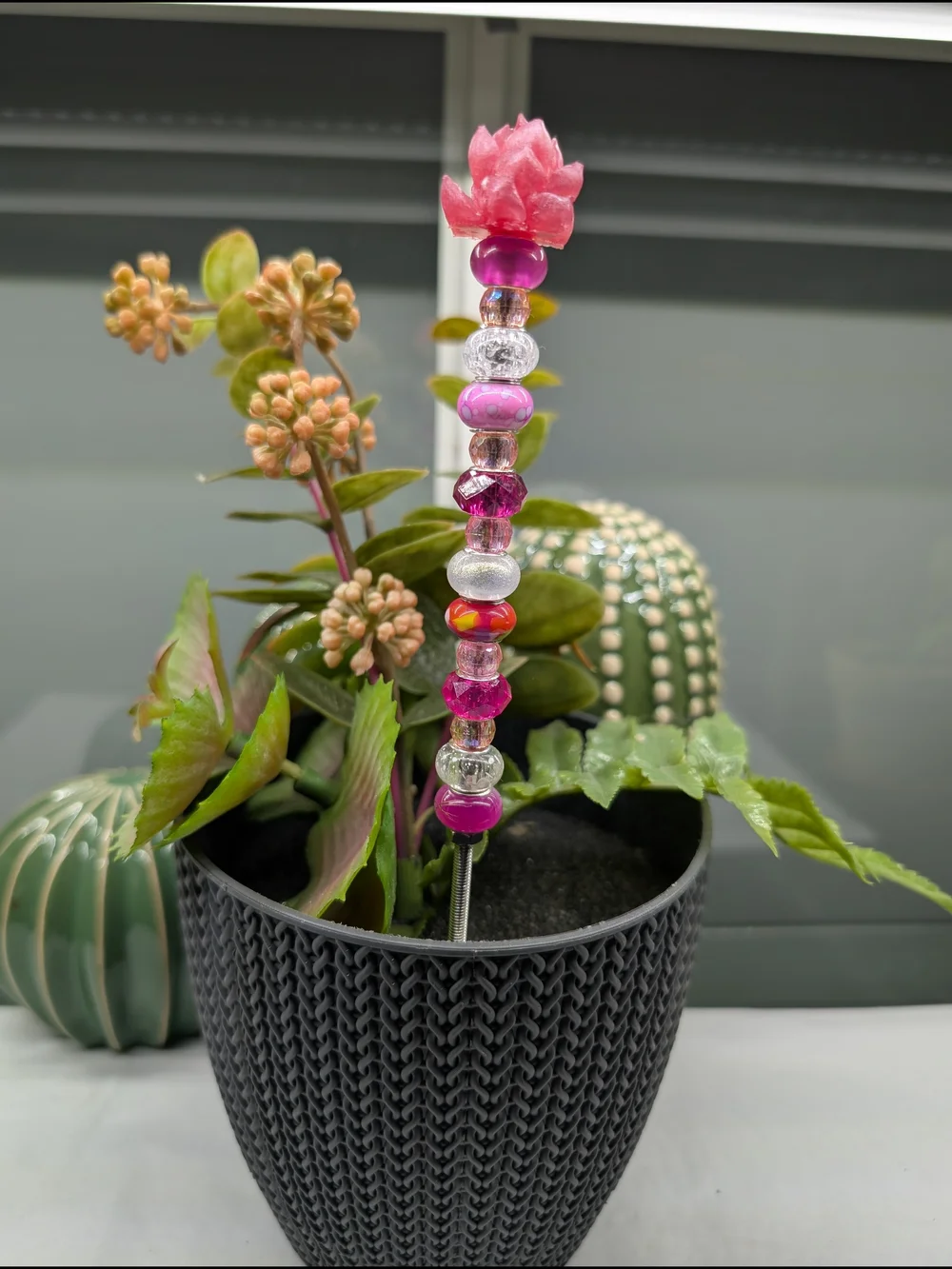 Pink Beaded Fairy Wand/Plant/Garden Garden Stake W/ Resin Succulent Topper